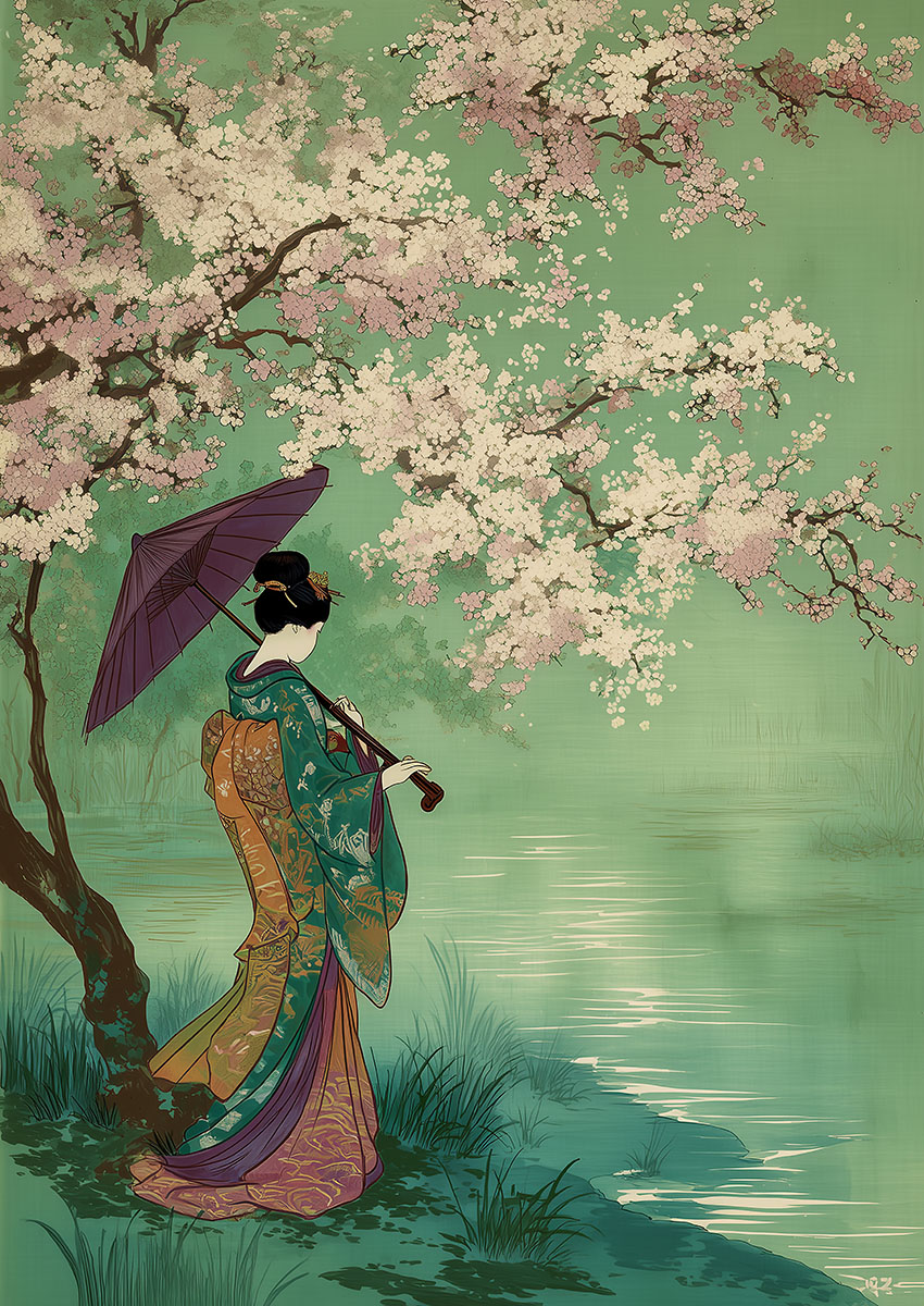Beautiful artwork of cherry blossoms with soft pink flowers against a calming green background.